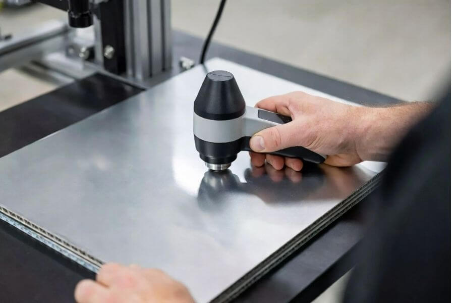 Spectrophotometer measuring aluminum composite panel color accuracy for Delta E evaluation