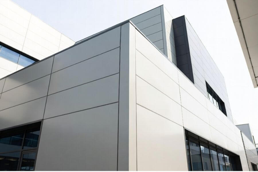 Finished aluminum composite panel project showing strong facade color consistency with Delta E control