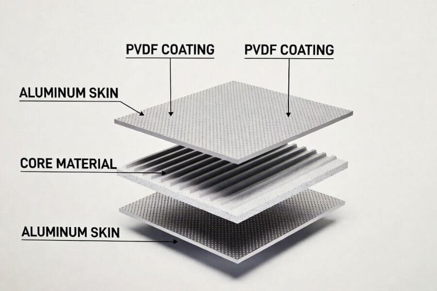 ACM panel thickness structure showing aluminum skins and core material layers