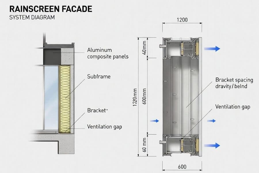 ACM panel thickness integrated into rainscreen façade system with substructure and ventilation gap