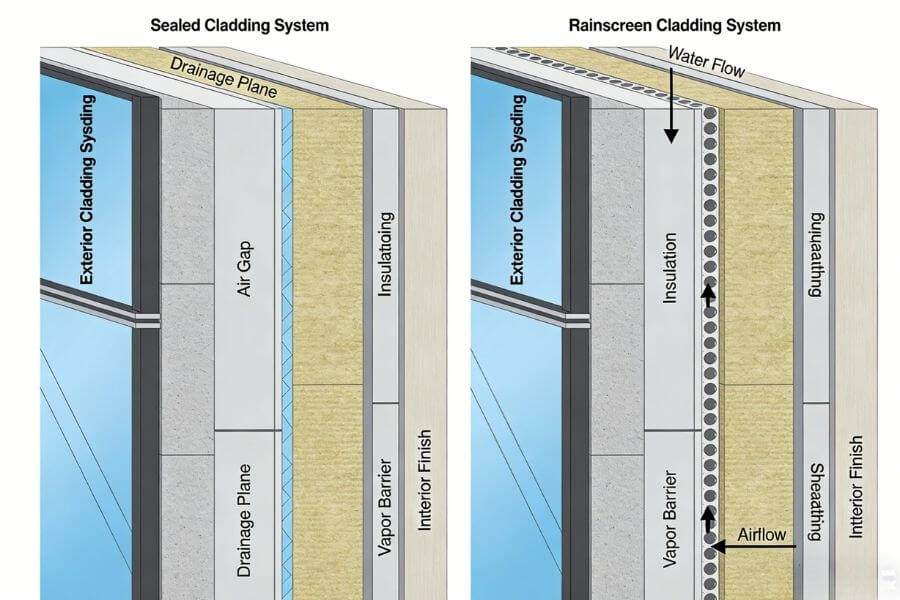 sealed vs rainscreen cladding system comparison diagram for facade design