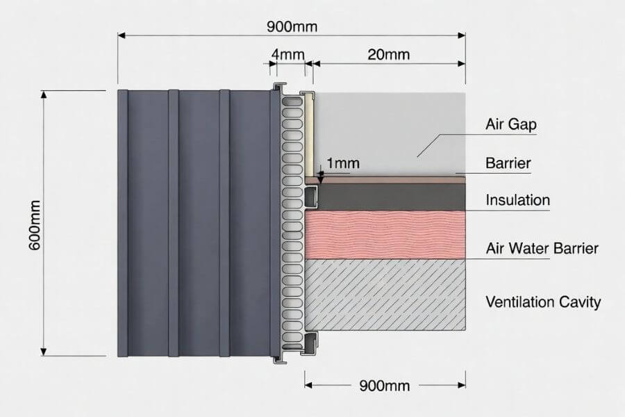 rainscreen cladding system structure with air gap and metal composite panels