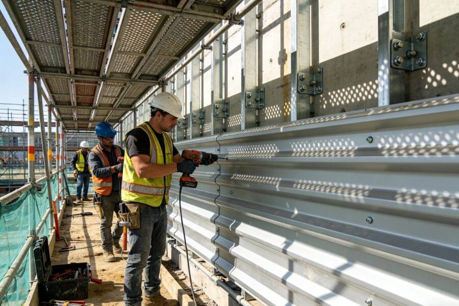 installation of metal composite cladding panels on building facade