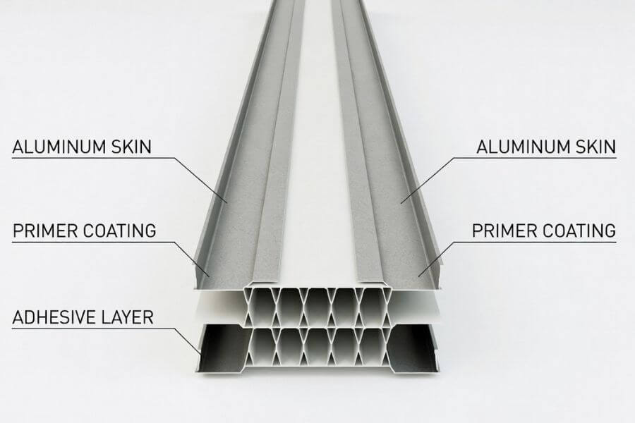 structure of aluminum composite panel MCM with skin thickness and core types