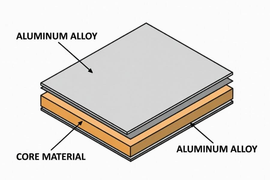 aluminum composite panel core structure showing fire safety differences between PE and A2 core