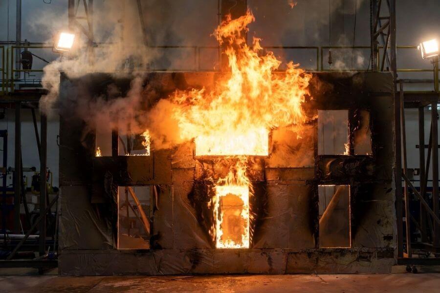 NFPA 285 facade fire test evaluating aluminum composite panel fire rating in wall systems