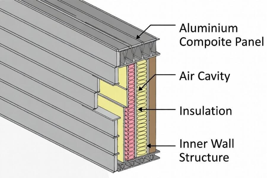 rainscreen system structure with aluminium composite panel air cavity and insulation layers