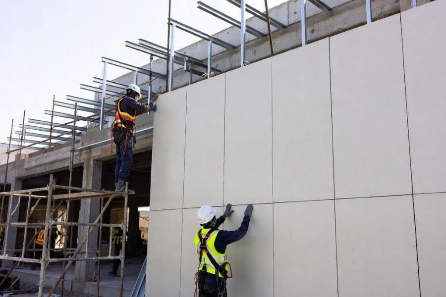 installation of aluminium composite panel rainscreen system on building facade