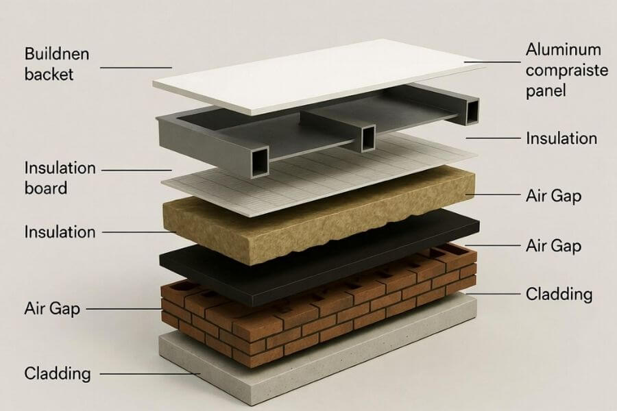 facade wall assembly layers showing insulation air gap and aluminum composite panel system