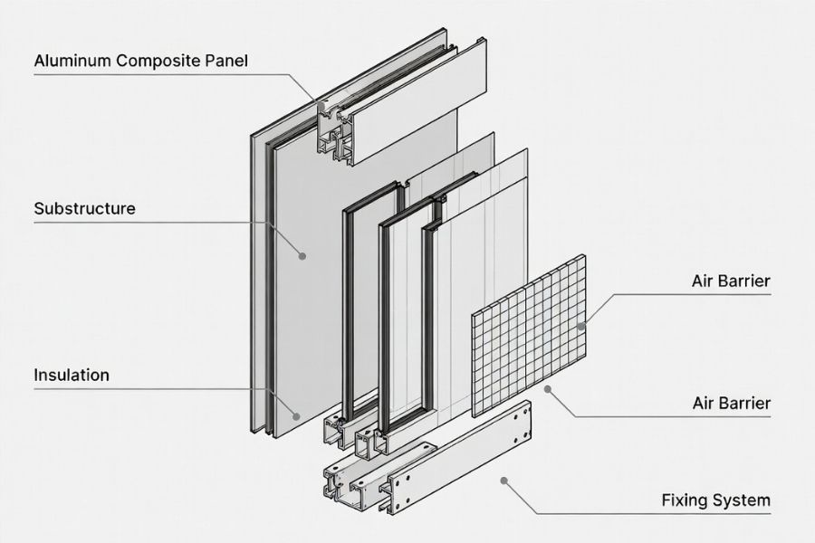 ACP cladding system structure showing panels substructure insulation and drainage layers ACP cladding system structure showing panels substructure insulation and drainage layers