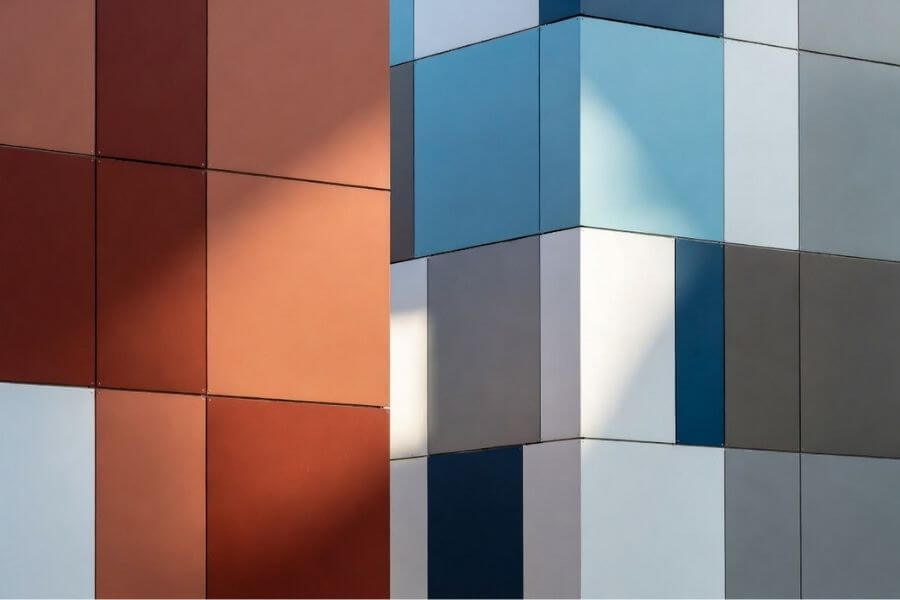 Alt文本 ACP panel color selection showing warm cool and neutral colors in architectural facade design Alt文本 ACP panel color selection showing warm cool and neutral colors in architectural facade design