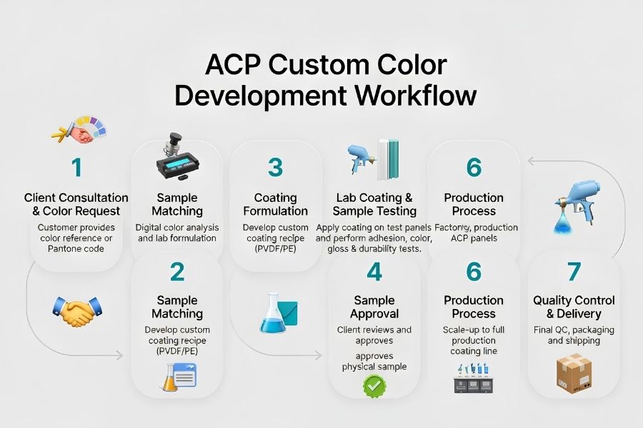 ACP custom color development process from color matching to production ensuring facade color consistency ACP custom color development process from color matching to production ensuring facade color consistency