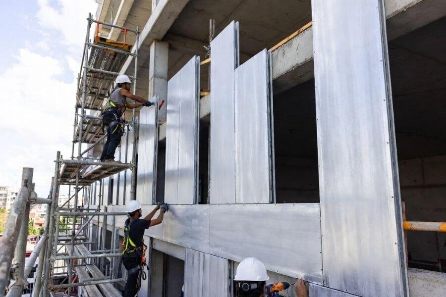 ACP facade installation showing panel alignment for accurate color consistency