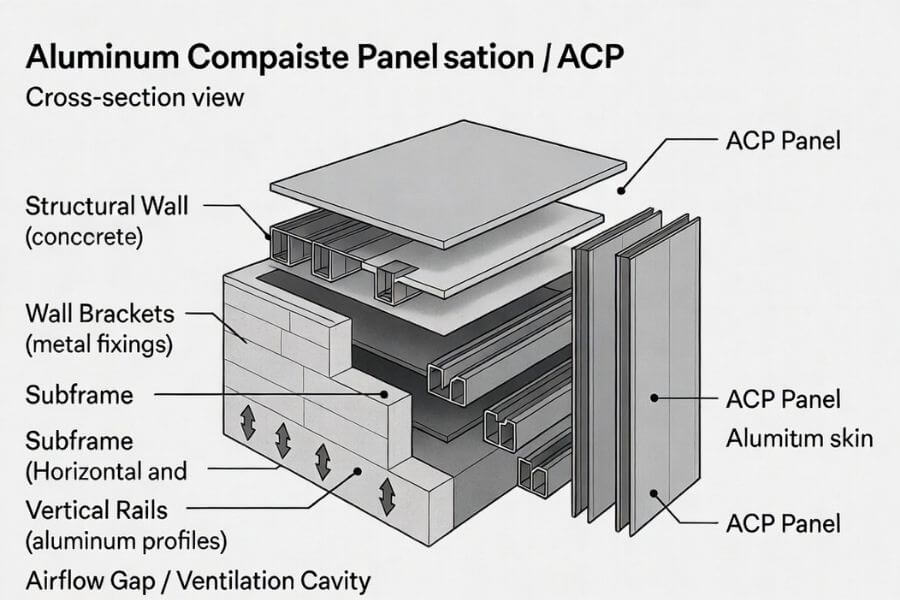 ACP installation system structure with subframe and panel layers ACP installation system structure with subframe and panel layers