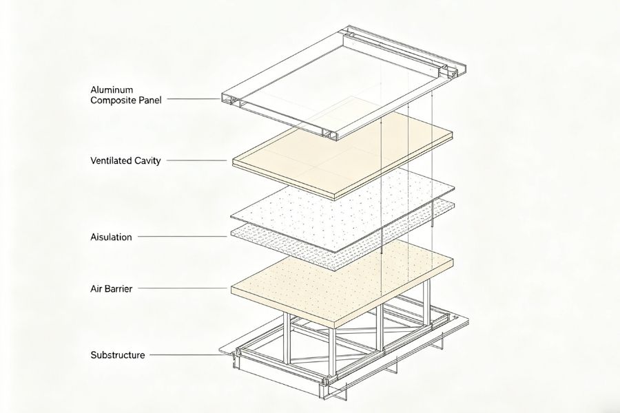 acm cladding system layers showing fire safety components in facade assembly