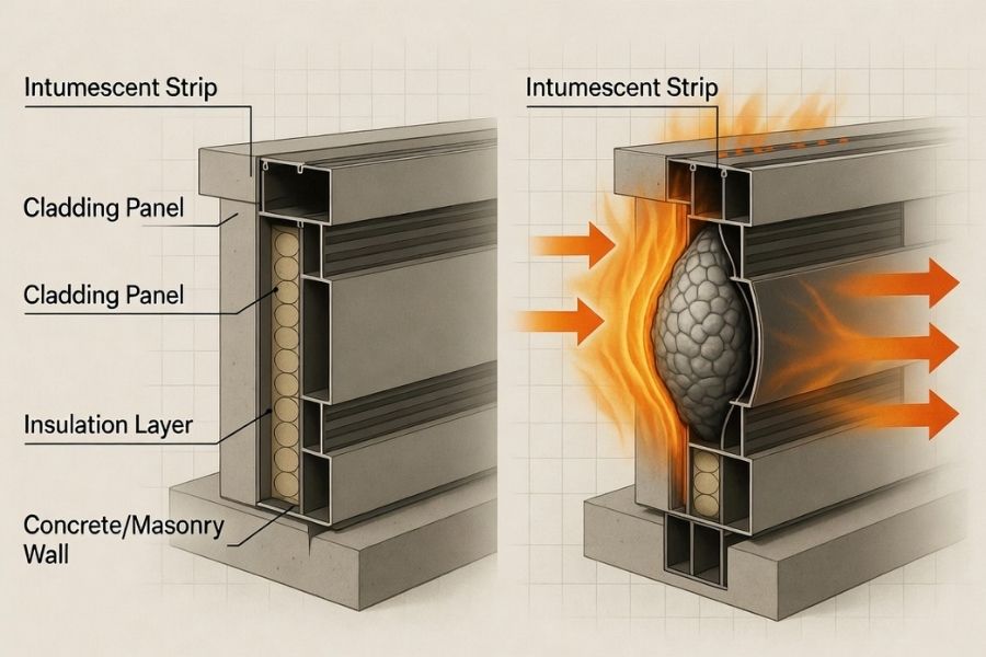 intumescent fire barrier used in acm cladding system to prevent fire spread