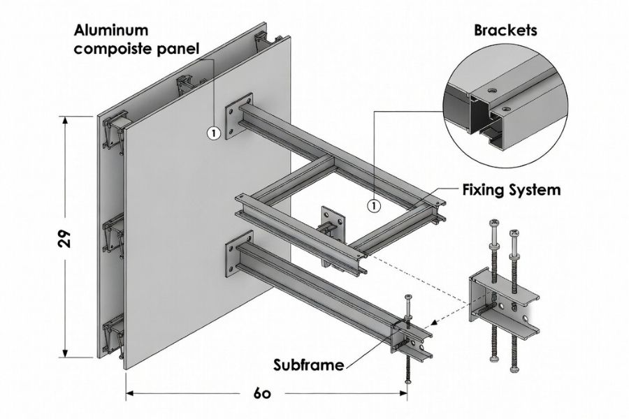 facade system showing aluminum composite panel thickness with subframe and fixing structure