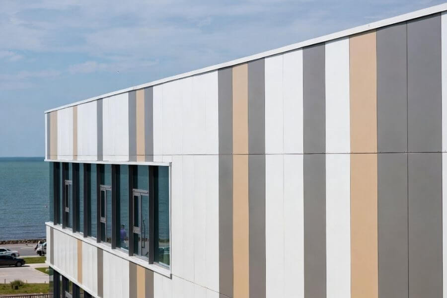 real project aluminum composite panel facade showing thickness selection in coastal building