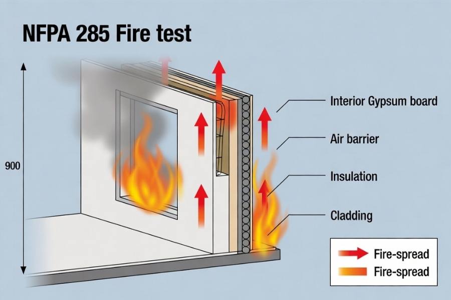 NFPA 285 fire test showing flame spread in exterior wall assembly