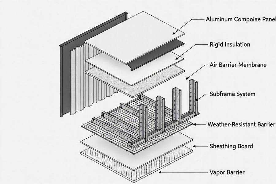 ACM cladding system exterior wall assembly components diagram