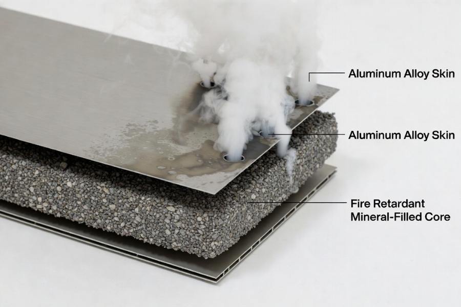 fire retardant core reaction in aluminum composite panel under heat