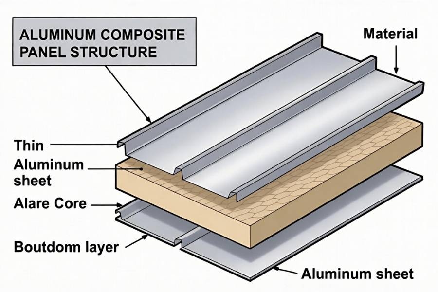 ACM panels structure diagram showing aluminum composite panel layers and core material