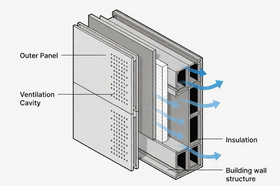 ACM rainscreen facade system diagram showing ventilation and moisture control