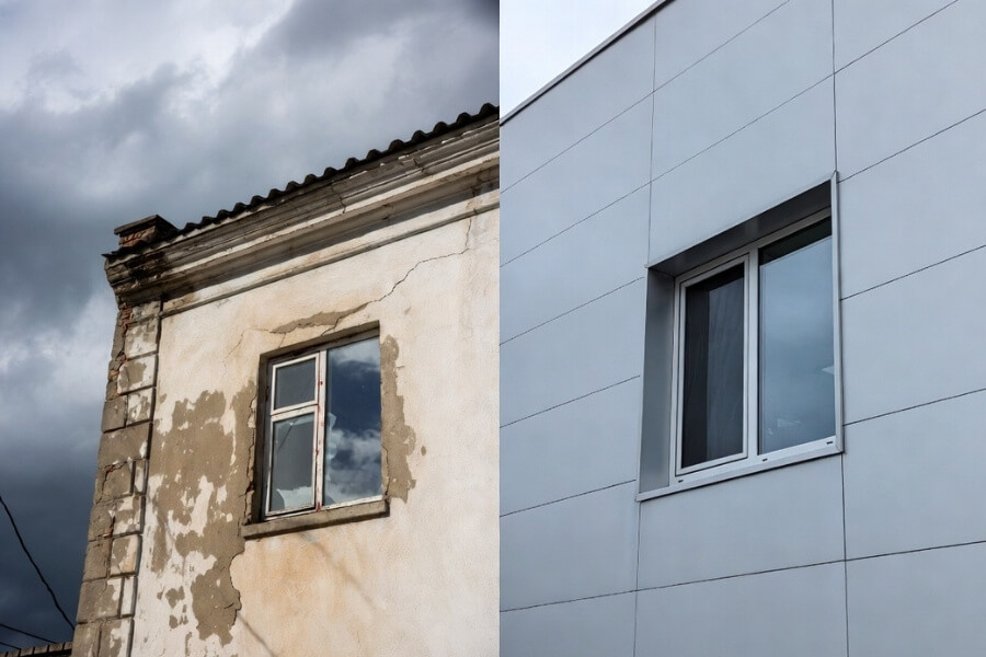 residential renovation using ACM panels facade before and after building upgrade