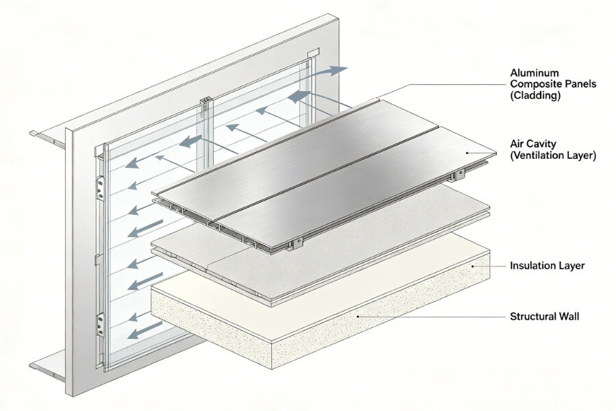 ACP façade coating system in ventilated rainscreen assembly with airflow behind panels