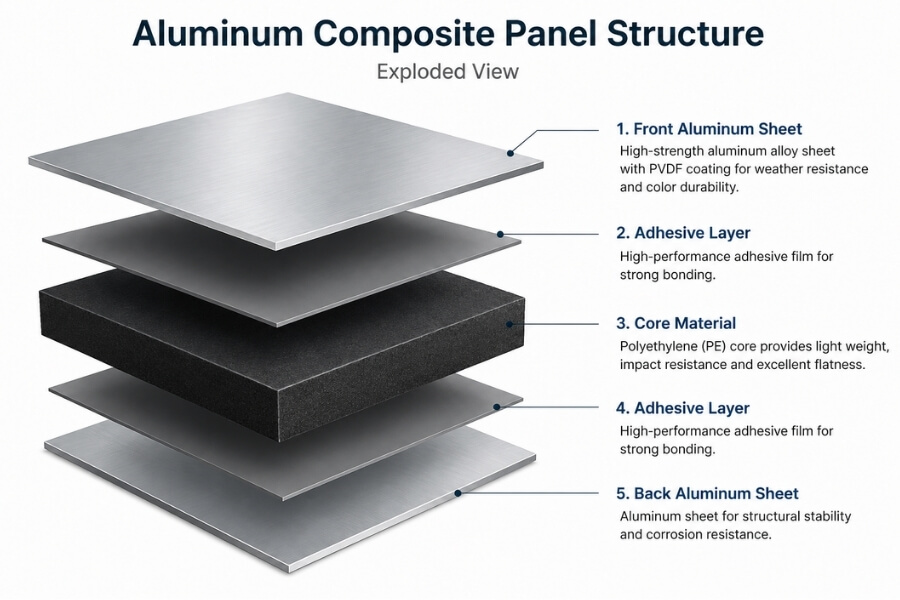 aluminum composite panel structure showing layers and core material