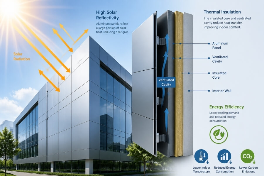 energy efficient aluminum composite panels reducing heat gain in facade systems