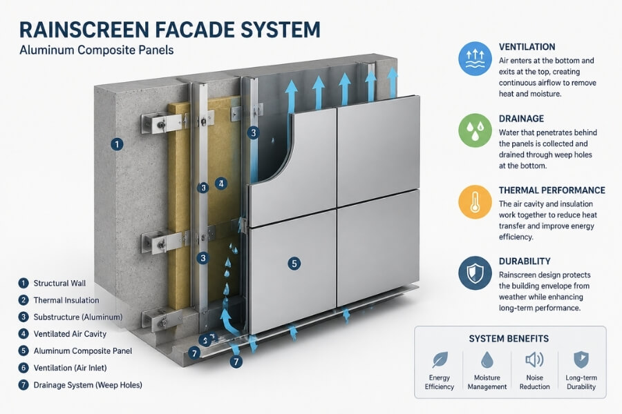 ACP rainscreen facade system improving building envelope performance