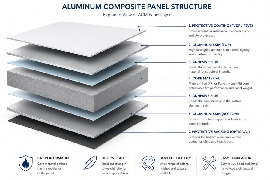 aluminum composite panel structure diagram showing core material and layers affecting fire performance