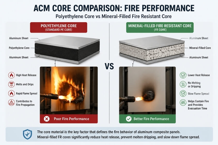 comparison of polyethylene core and fire resistant core in ACM panels showing differences in fire safety performance