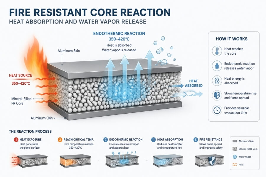 fire resistant ACM core endothermic reaction reducing heat and improving fire safety in composite panels