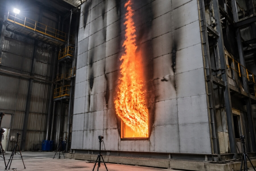 NFPA 285 fire test showing full wall assembly evaluation for ACM facade fire safety compliance