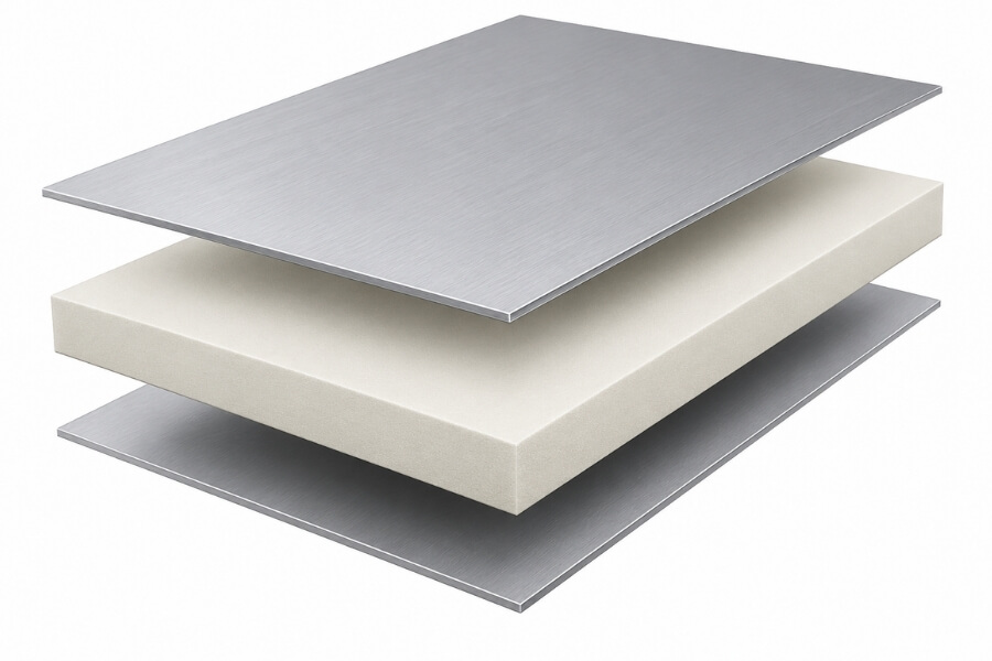 structure of aluminum composite panels for exterior facades showing aluminum skins and core material layers