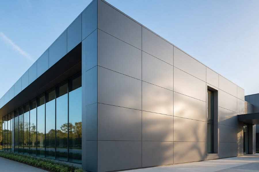 architectural facade using aluminum composite cladding panels with modern design and clean panel alignment