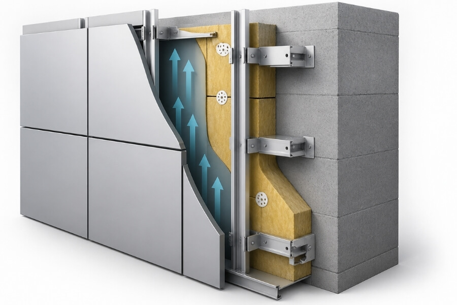 rainscreen facade system using aluminum composite panels for exterior facades with ventilation cavity structure