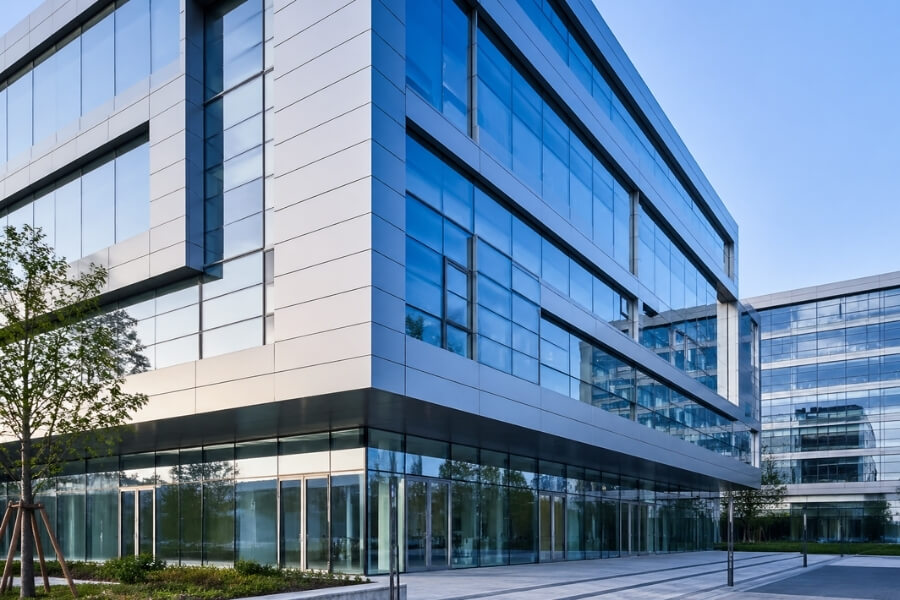 commercial building project using aluminum composite panels for exterior facades with large-scale cladding system