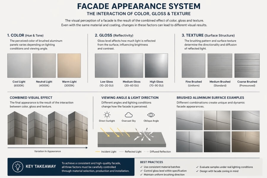 facade appearance factors color gloss texture brushed aluminum panel visual system