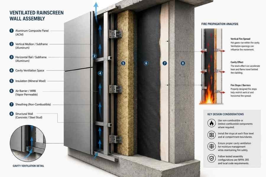 ventilated rainscreen wall assembly with aluminum composite panel fire protection design