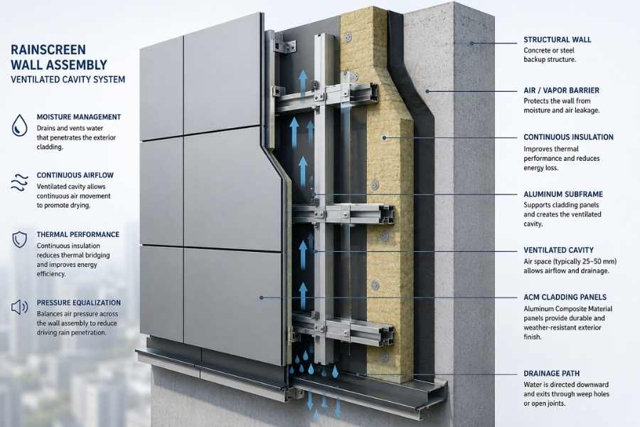 ventilated cavity behind ACM facade showing airflow drainage and building envelope layers