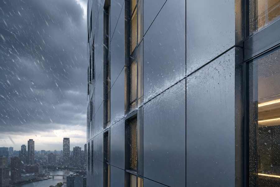 high-rise ACM facade system resisting wind-driven rain through ventilated rainscreen design
