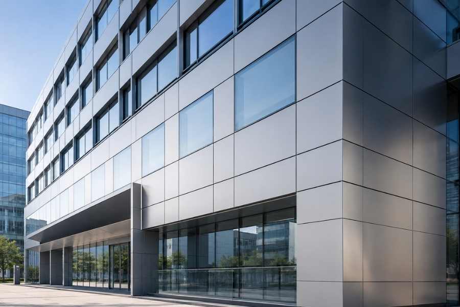 precision aluminum composite facade panels with consistent flatness in modern commercial architecture
