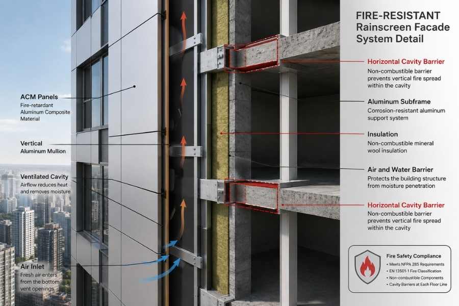 fire-retardant ACM rainscreen facade system with cavity barriers for high-rise building safety