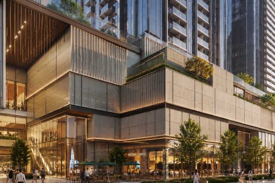 mineral-inspired ACM facade panels in mixed-use architectural design