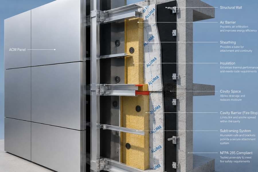 NFPA 285 compliant ACM wall assembly for commercial facade systems