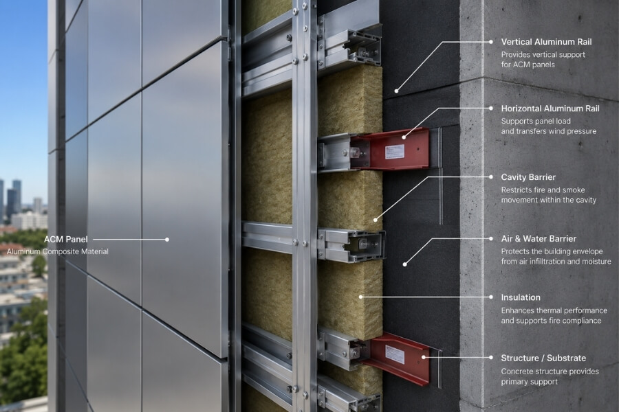 ventilated ACM rainscreen system with cavity barriers in facade construction