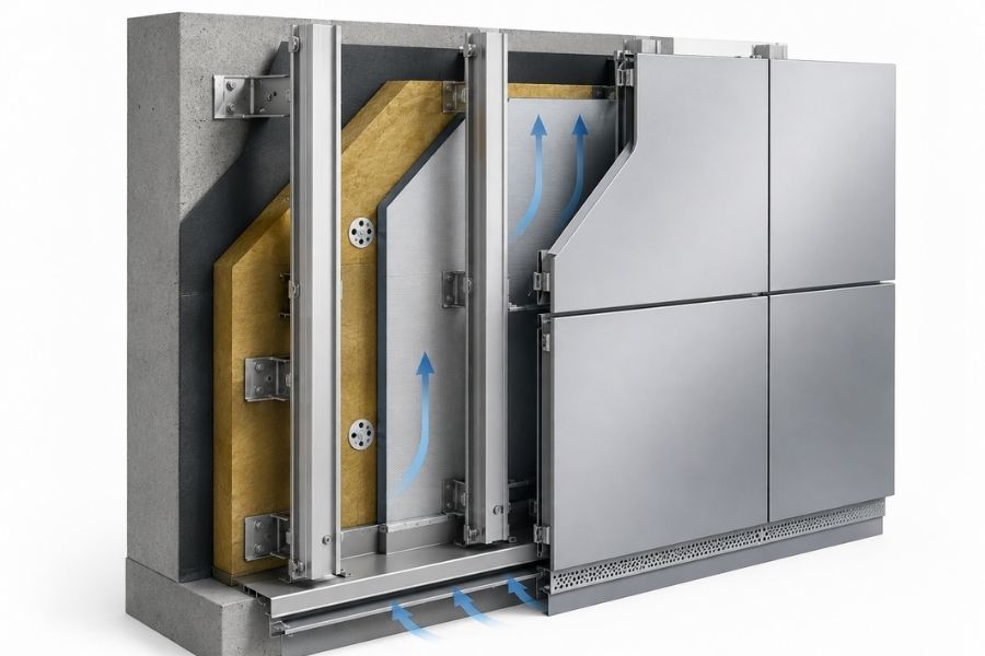 ventilated rainscreen facade system with aluminum composite panels